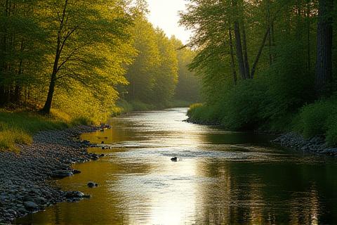 Gesunder Auwald entlang eines Flusses mit reicher Vegetation