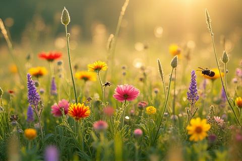Blumenwiese voller verschiedener Wildblumen und Insekten, die Biodiversität zeigt