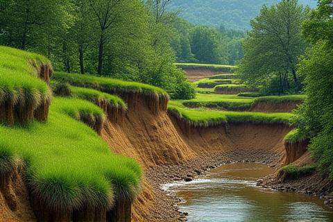 Terrassierte Hänge mit grüner Vegetation, die Bodenerosion verhindert