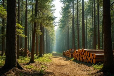Dichter, gesunder Wald mit nachhaltig geernteten Holzstapeln