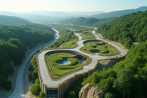 Luftbild eines Bauprojekts, das sich harmonisch in eine natürliche Landschaft einfügt, symbolisch für UVP