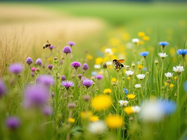 Blühende Blumenwiese neben einem Acker mit Bienen und Insekten