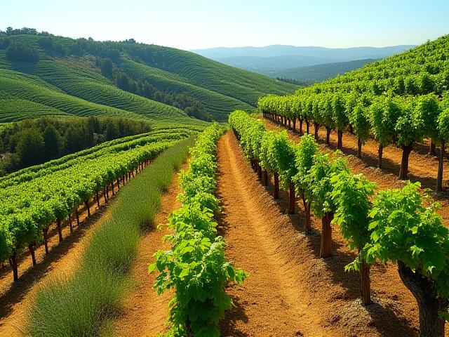 Terrassierte Weinberge mit begrünten Zwischenreihen und Erosionsschutzmaßnahmen