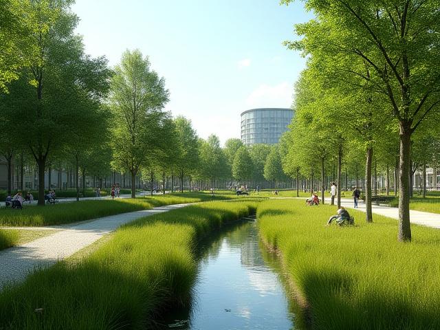 Ein naturnaher Stadtpark mit Baumgruppen, Rasenflächen und einem kleinen Teich