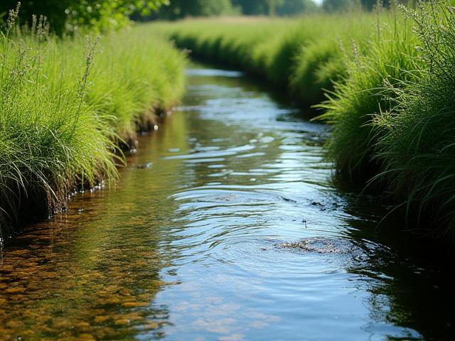 Natürlich mäandrierender Bachlauf mit Fischen und Wasservegetation
