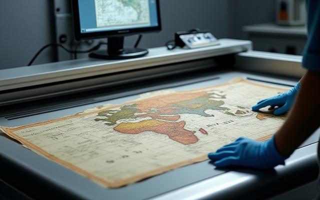高解像度スキャナーで古地図をデジタル化する様子