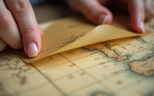 ラミネートされた古い地図から慎重にラミネートを剥がす様子