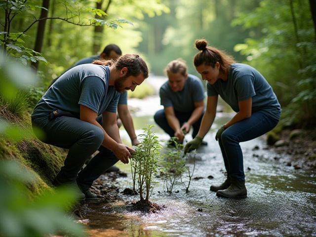 Team of Auwald Reparatur working in a lush forest by a clear stream