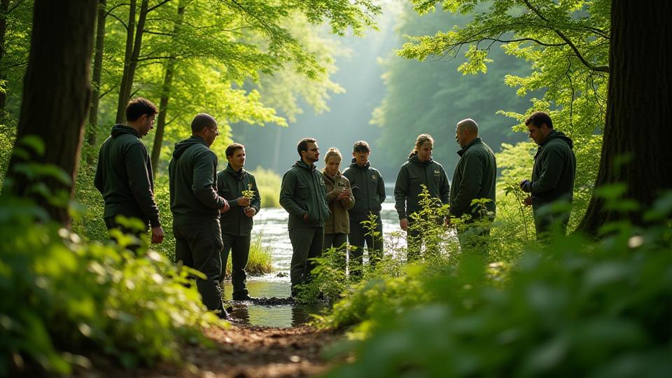 Team von Auwald Reparatur arbeitet zusammen in einem gesunden Waldgebiet.